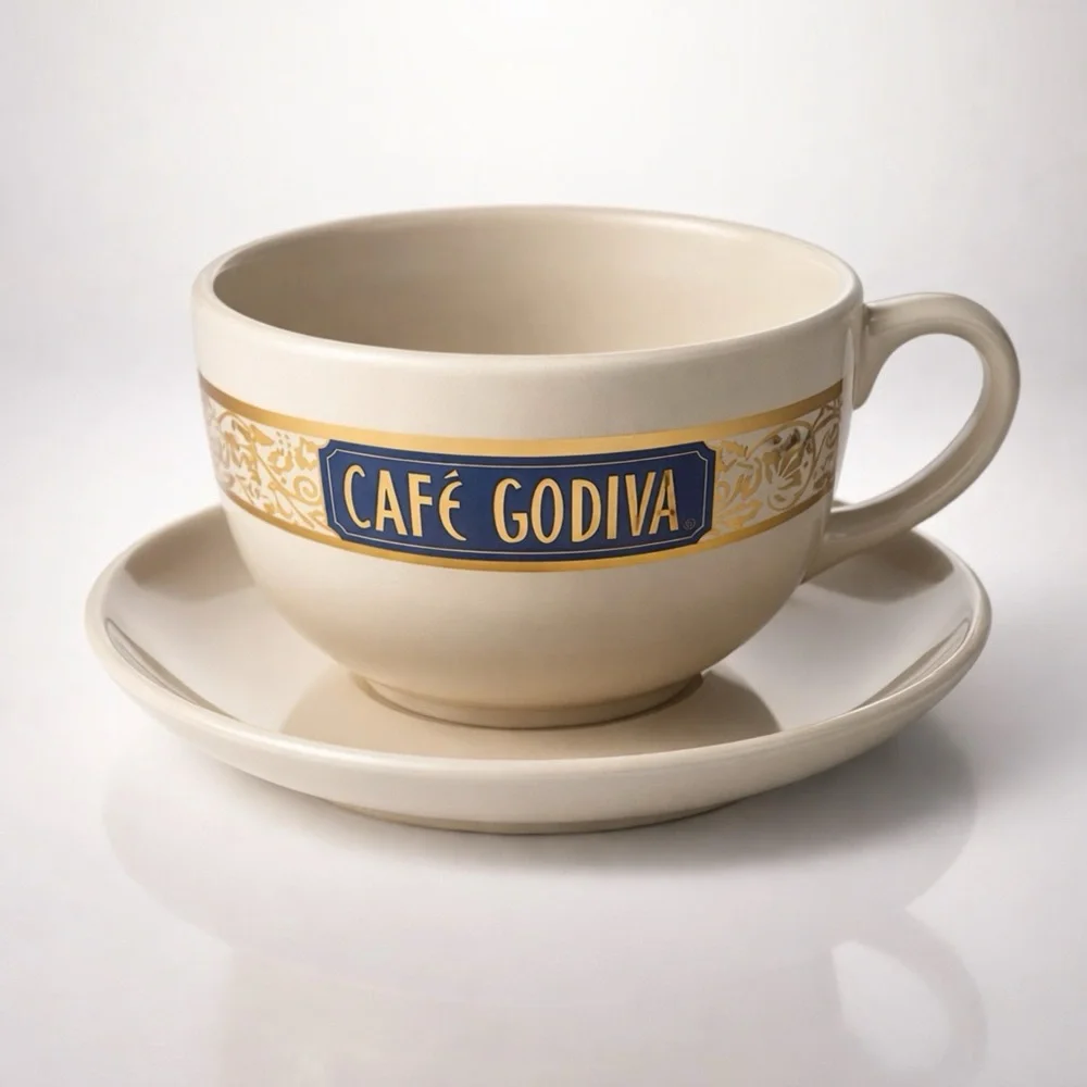 Vintage Cafe Godiva 18oz ceramic mug and saucer set by California Pantry. 2004